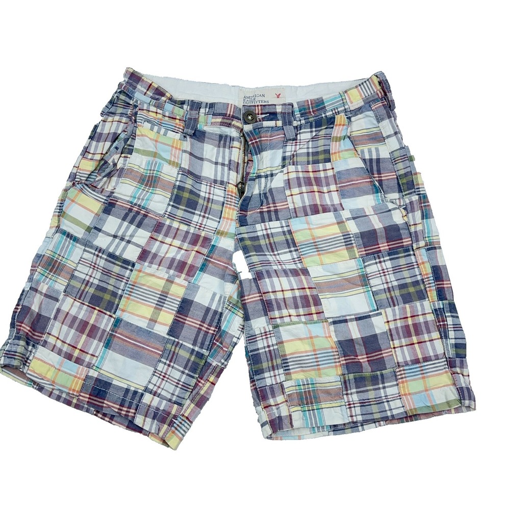 American Eagle Shorts Men 30 Chino Multi Plaid Patch Work Prep Fit Casual Adult